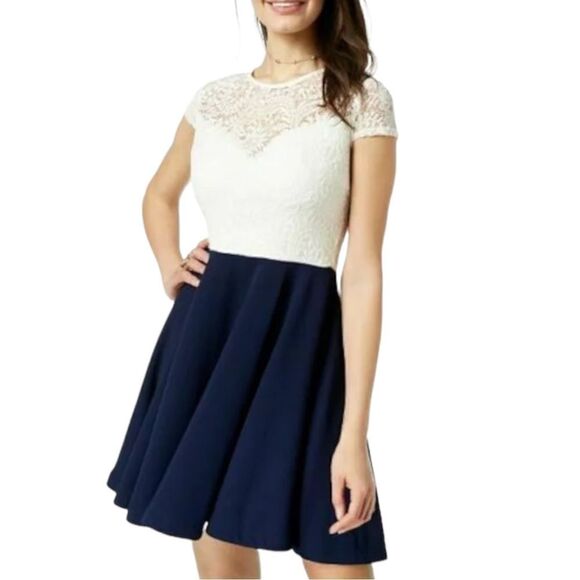 B. Darlin Fit and Flare Ivory Lace and Navy Dress - Picture 1 of 12